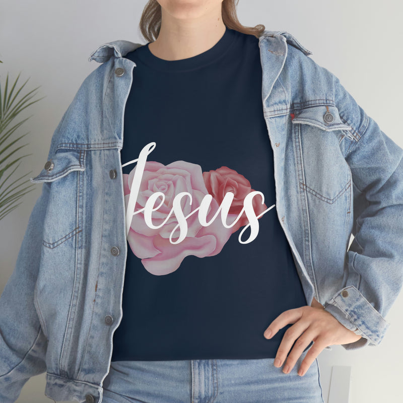 Unisex Heavy Cotton Tee - Jesus in Floral Roses