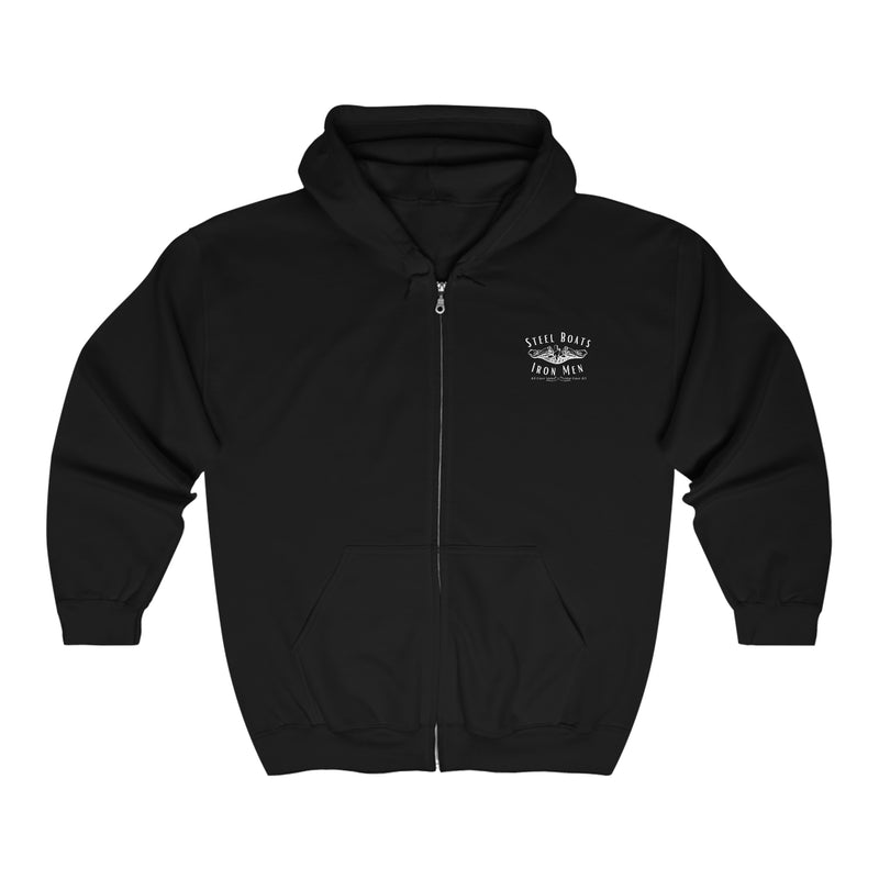 Unisex Heavy Blend™ Full Zip Hooded Sweatshirt - 594 Tough! Logo on back and 'Steel Boats/Iron Men' logo on Front
