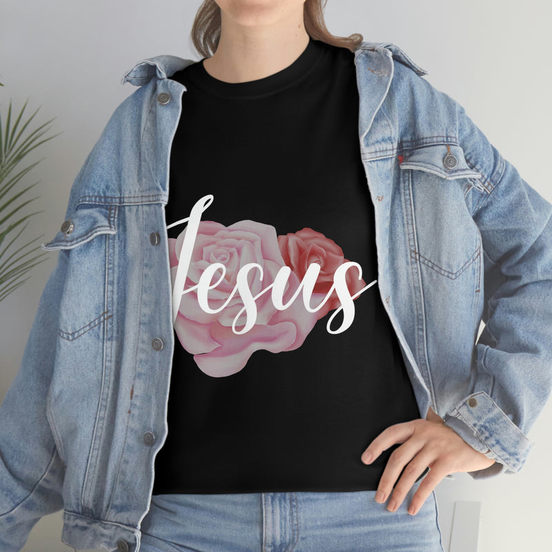 Unisex Heavy Cotton Tee - Jesus in Floral Roses