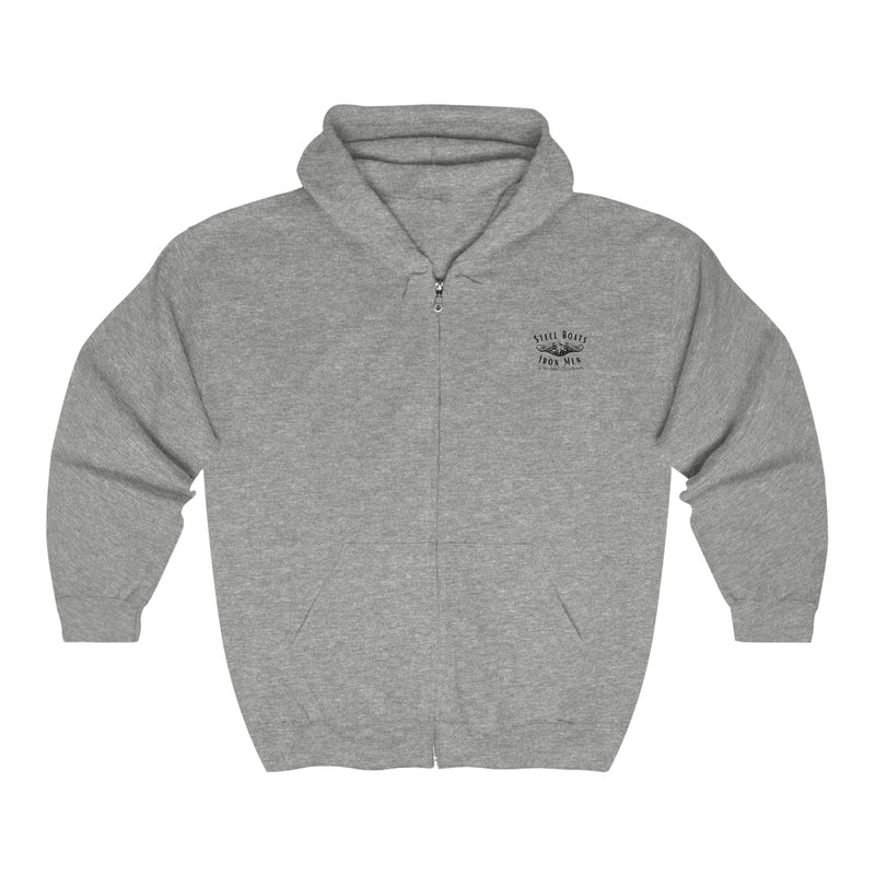 Unisex Heavy Blend™ Full Zip Hooded Sweatshirt - 594 Tough! Logo on back and 'Steel Boats/Iron Men' logo on Front
