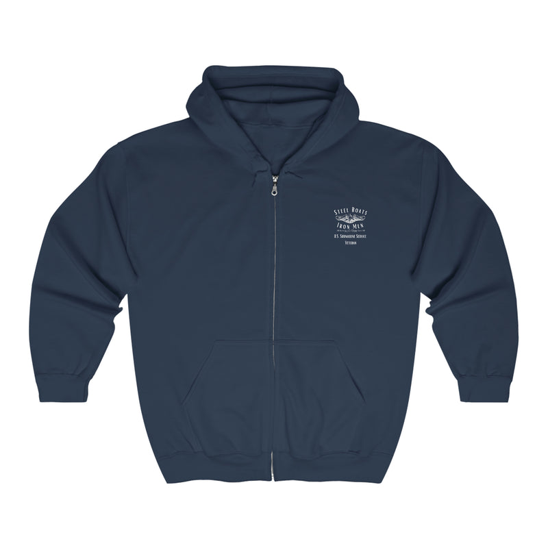 Unisex Heavy Blend™ Full Zip Hooded Sweatshirt - 594 Tough! Logo on back and 'Steel Boats/Iron Men' logo w/vet wording on Front