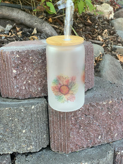 Frosted Glass Can - Colorful Sunflower