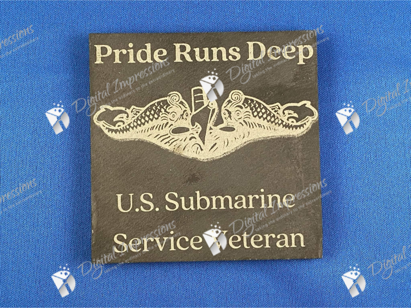 Eight (8) Navy Submarine Themed Slate Coasters with Holder - Pride Runs Deep